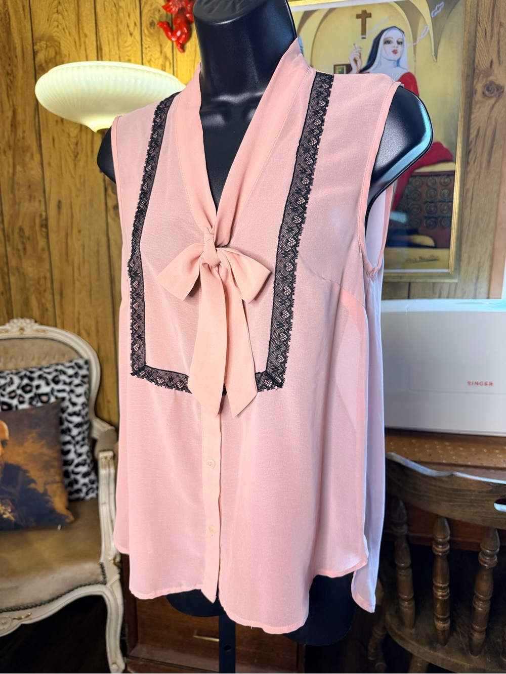 Petticoat Alley Pretty Pink Bow Front Black Lace-Trim Blouse